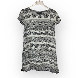 Papillion Tunic Blouse Black & White Elephant Print Top Short Sleeves